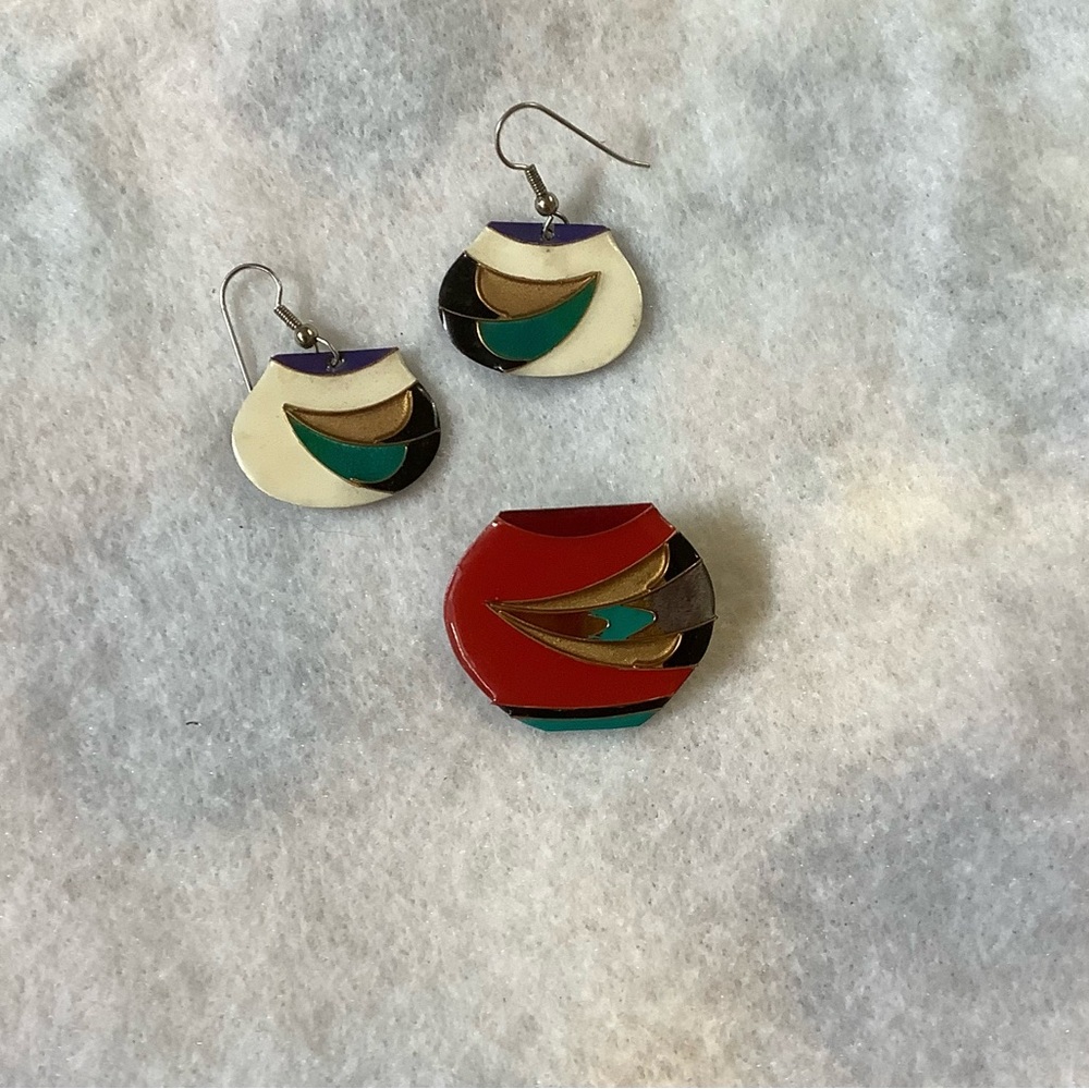 Colorful Enamel Earrings and Pin - Red, White, Teal Accents